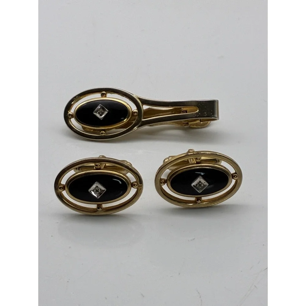 Anson Vintage Mens Gold Tone Black Enamel Crystal Tie Clip and Cufflinks Set